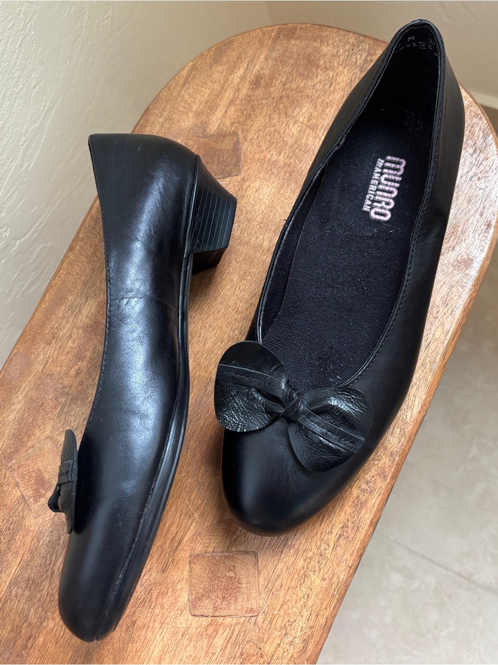 Munro Women's Black Leather Ballet Flats with Bow and Short Stack Tapered Heel